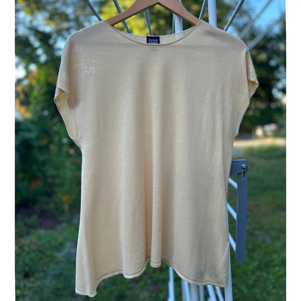 Eileen Fisher 100% Silk Georgette Crepe Top M Butter Yellow Minimalist Relaxed